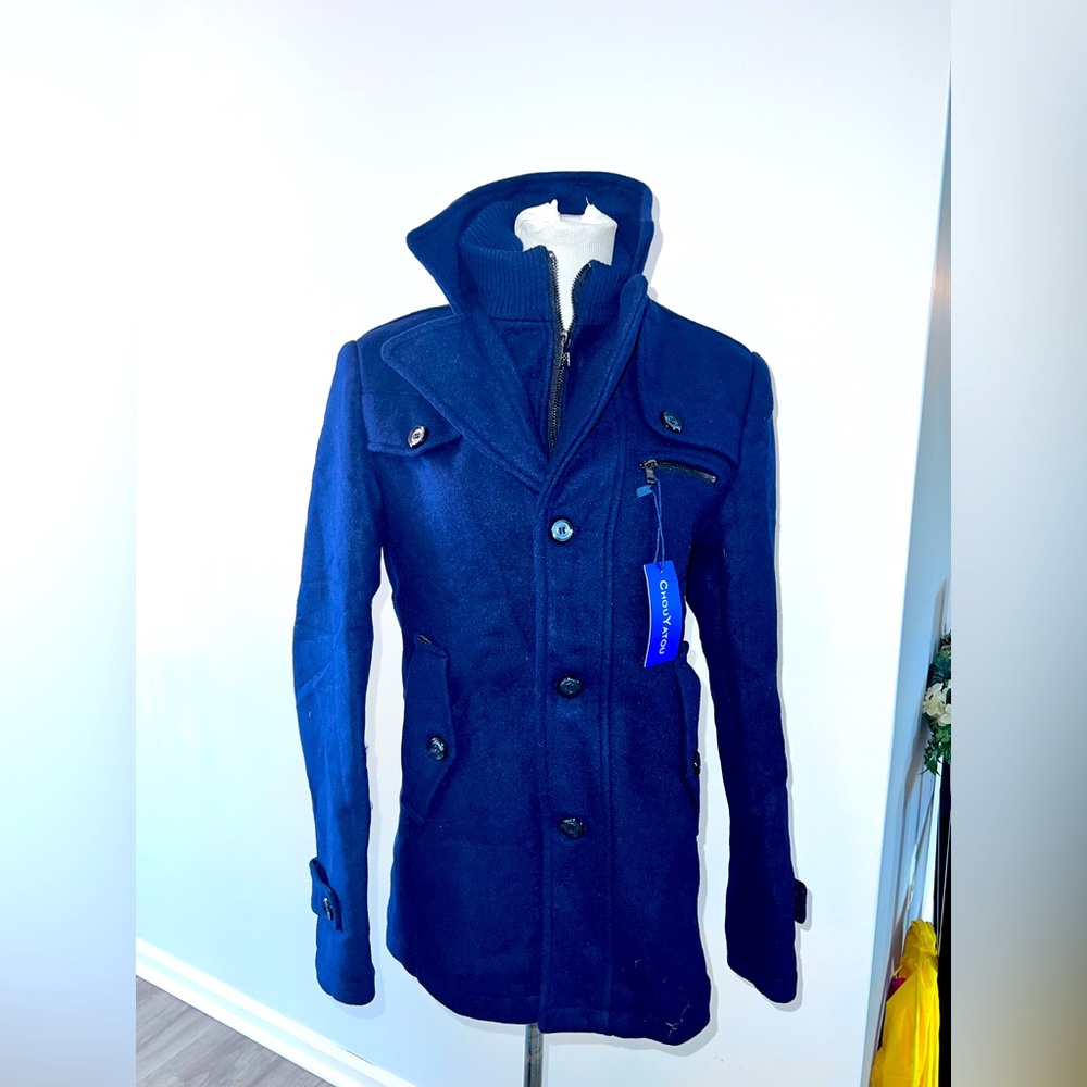 Men's Gentle Layered Collar Single Breasted Quilted Lined Wool Blend Pea Coat XS